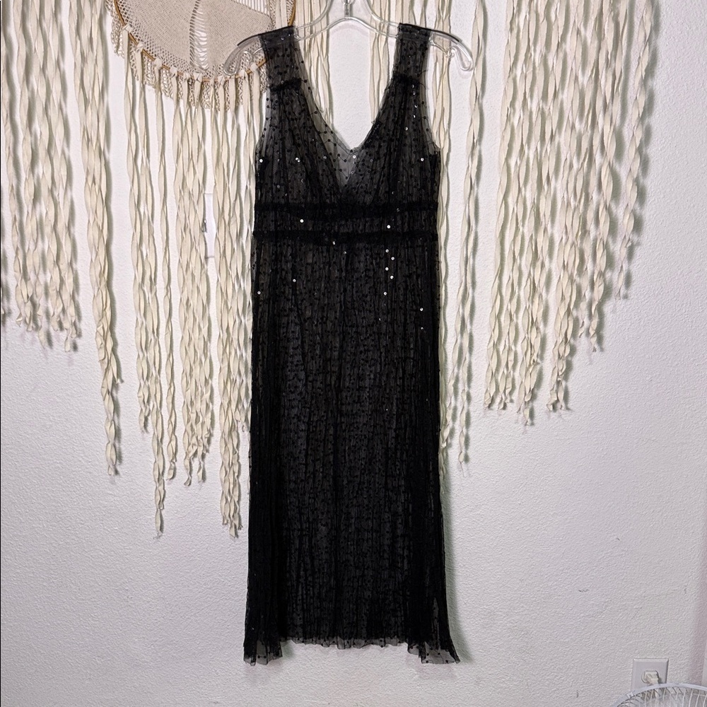Tayloe & Hyde Black Sequin Lace Mesh Sleeveless Midi Length Layering Dress Small - Picture 4 of 8